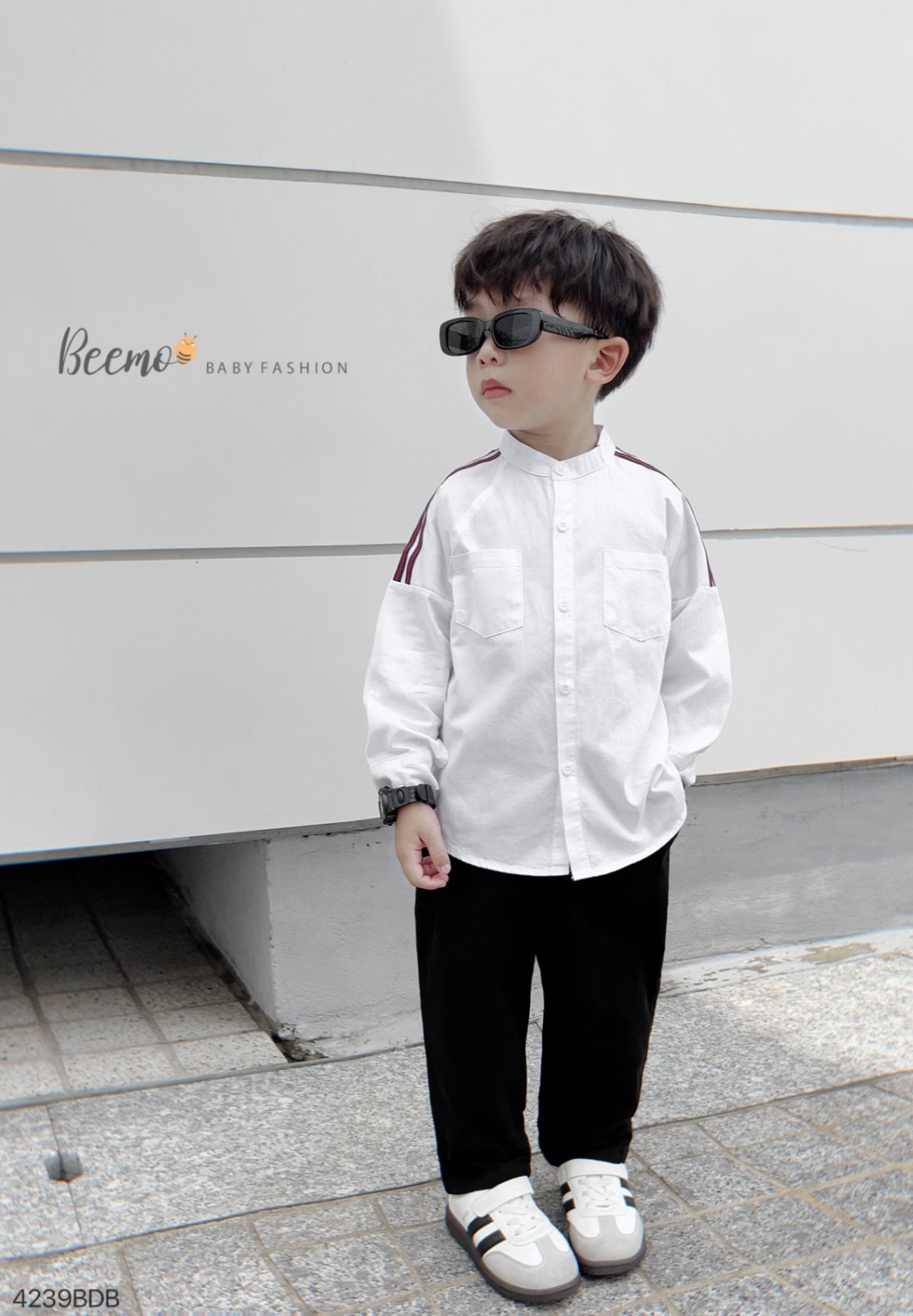 Set sơ mi cổ tàu dài tay phối quần dài kaki baggy Beemo cho bé