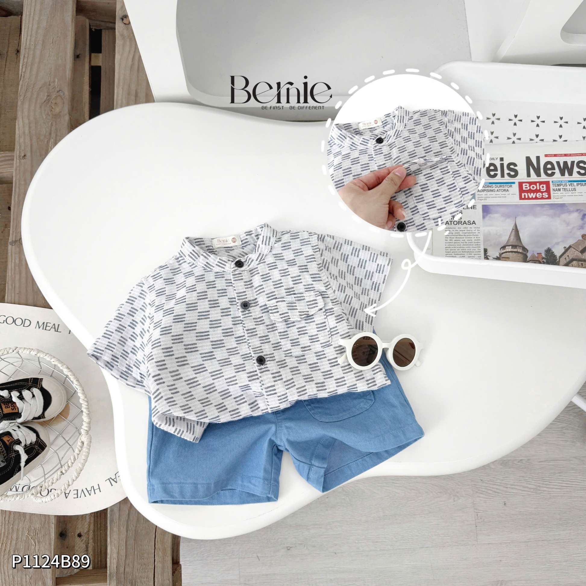 Set sơ mi cổ tàu kẻ quần jeans Bernie