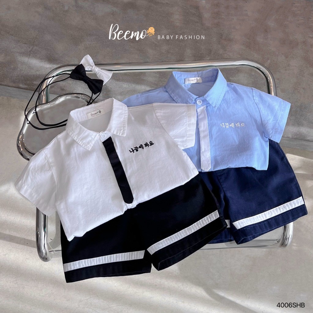 Set sơ mi cộc công tử thêu chữ kèm nơ Beemo cho bé trai