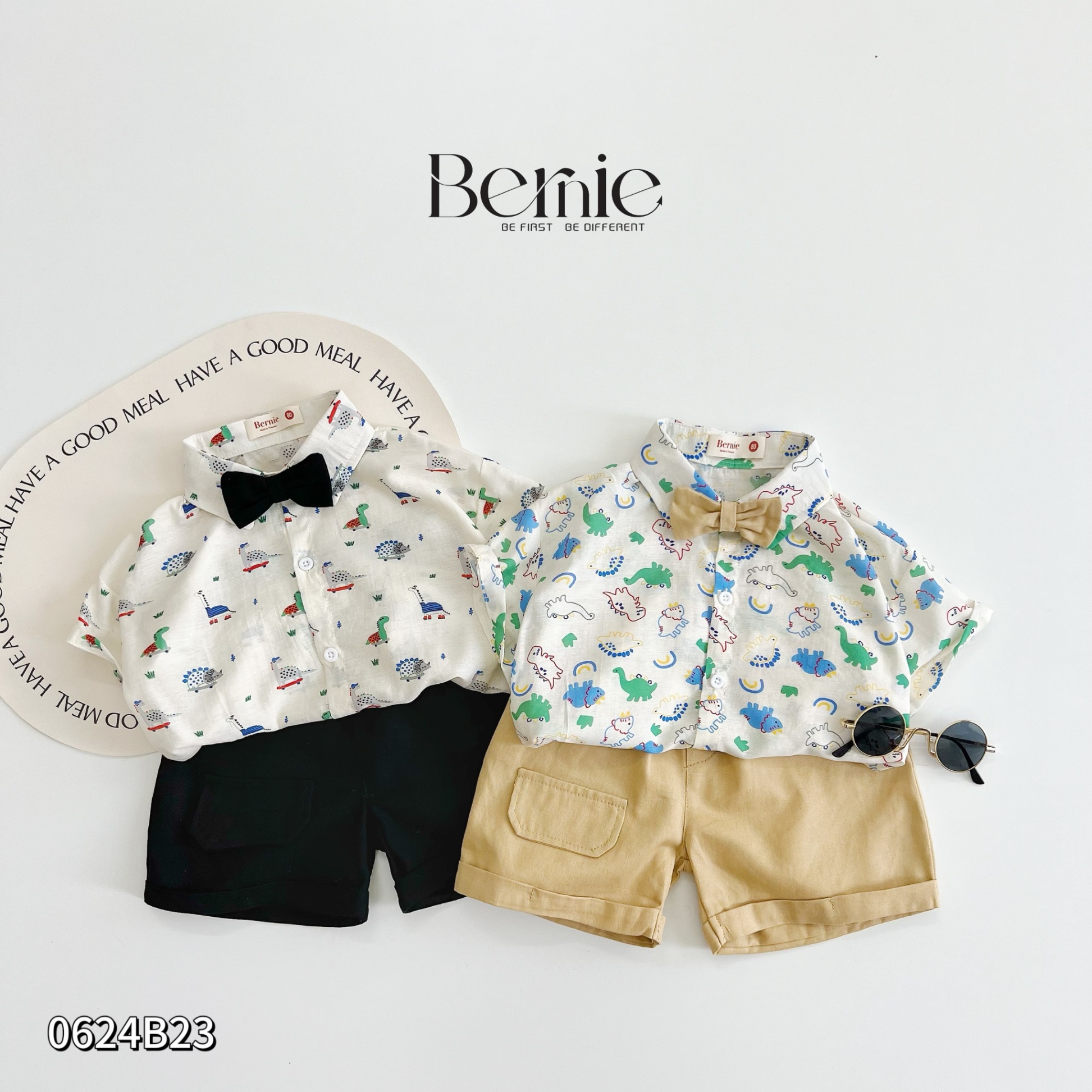 Set sơ mi cộc họa tiết kèm nơ phối quần short Bernie cho bé