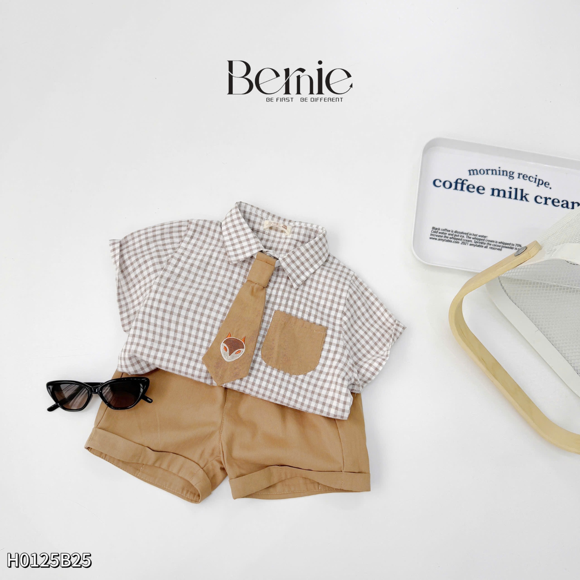 Set sơ mi cộc tay caro cà vạt in Oril Bernie