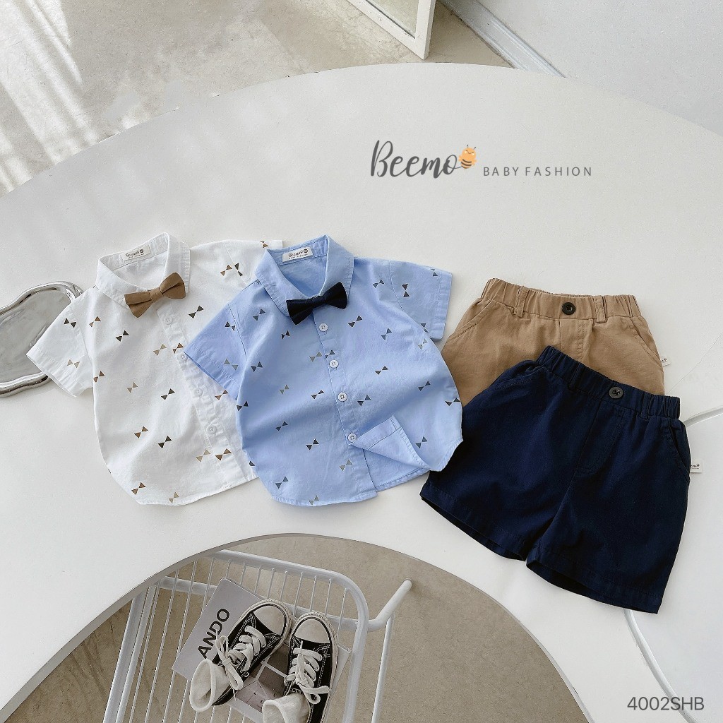 Set sơ mi cộc tay cổ đức in xỏa kèm nơ cổ công tử Beemo cho bé trai