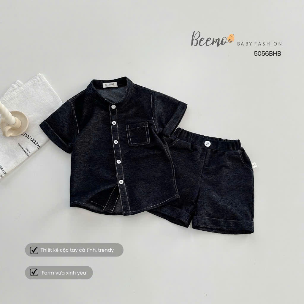 Set sơ mi cộc tay cổ tàu giả bò Beemo