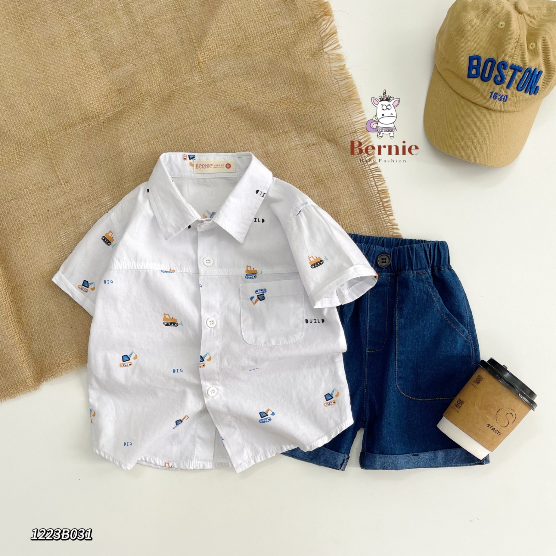 Set sơ mi cộc tay họa tiết máy xúc, xe ủi kết hợp quần short bò Bernie cho bé trai