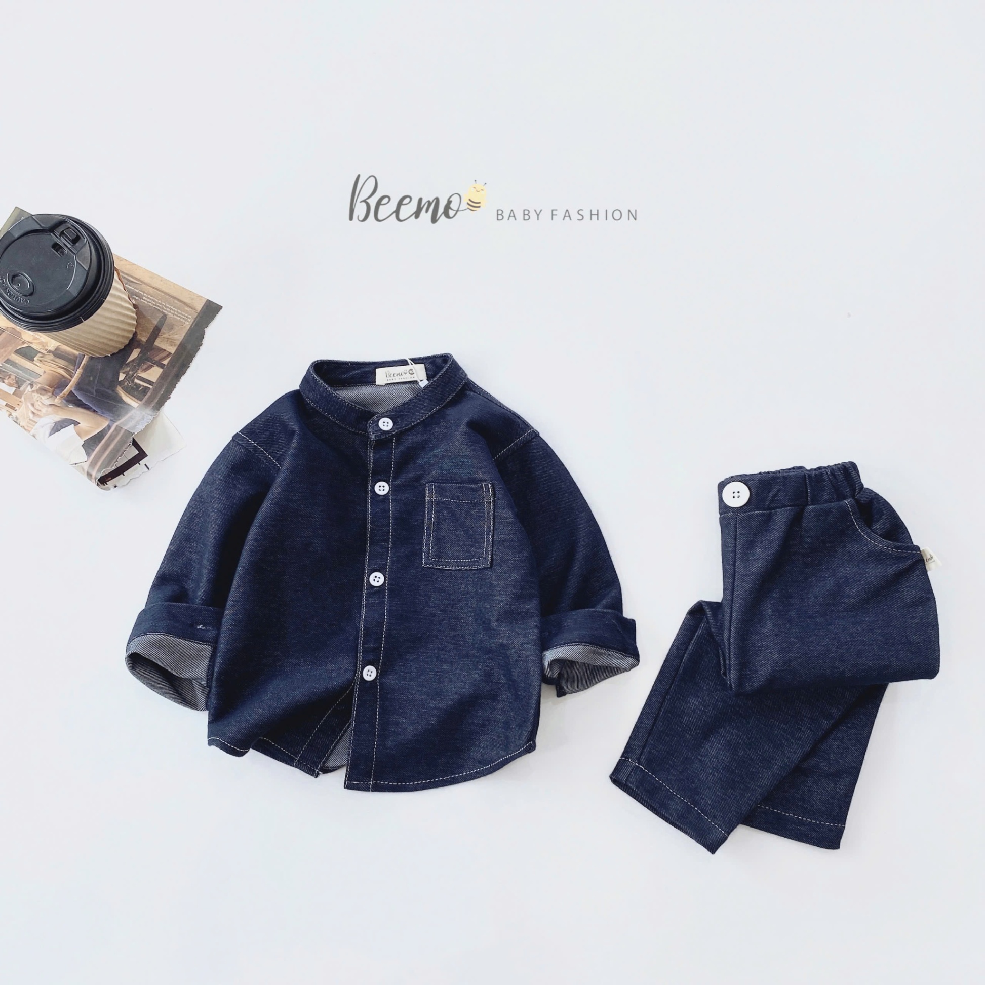Set sơ mi dài tay cổ tàu giả bò Beemo