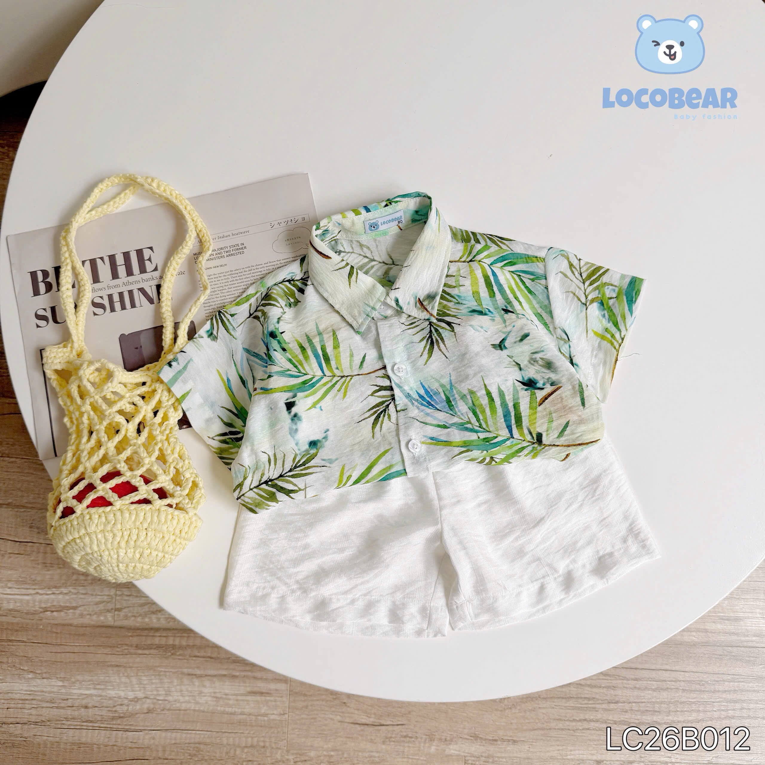Set sơ mi đũi họa tiết lá cành cho bé đi biển LOCOBEAR