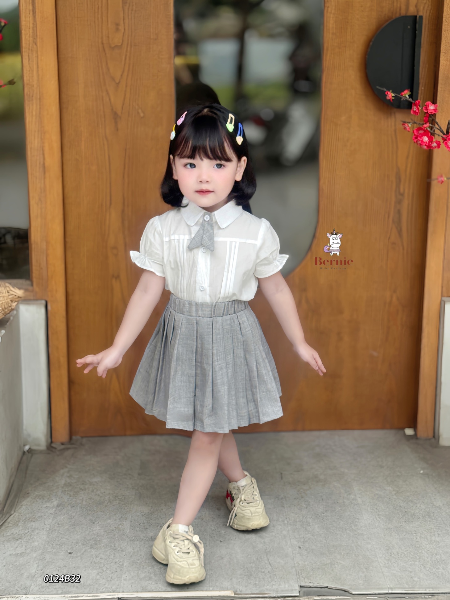 Set sơ mi học sinh cộc tay phối nơ Bernie cho bé gái