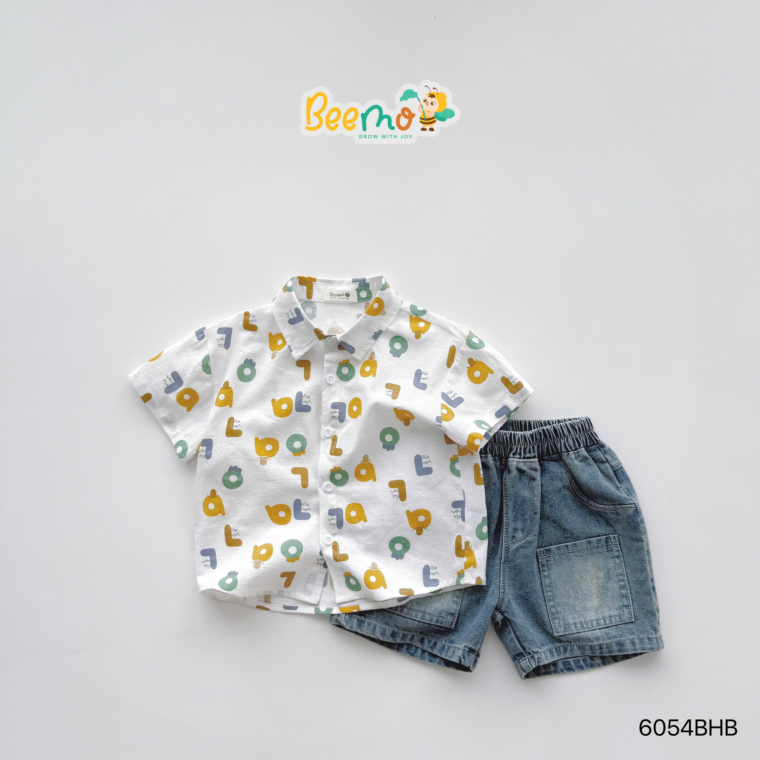 Set sơ mi in tràn quần short jeans Beemo