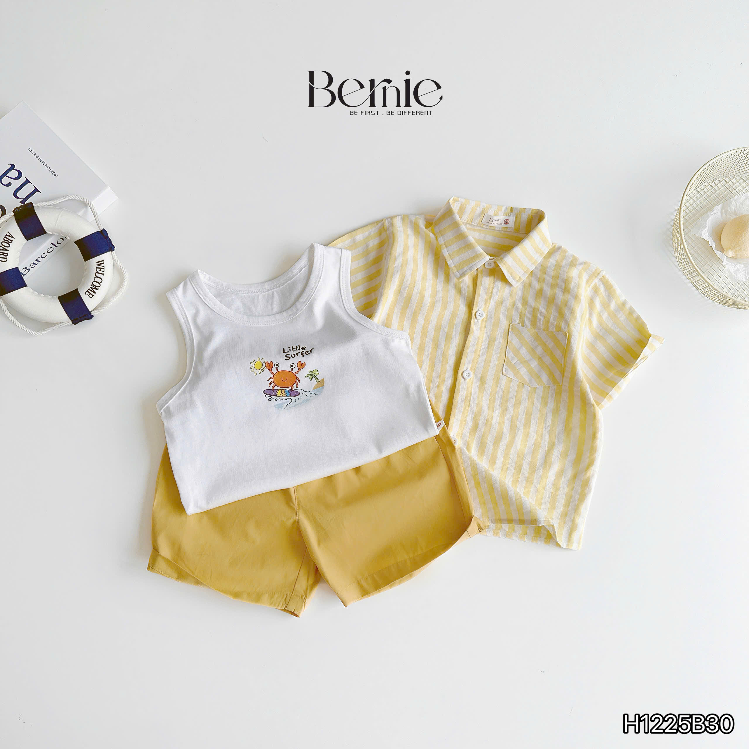 Set sơ mi kẻ 3 chi tiết little surfer Bernie