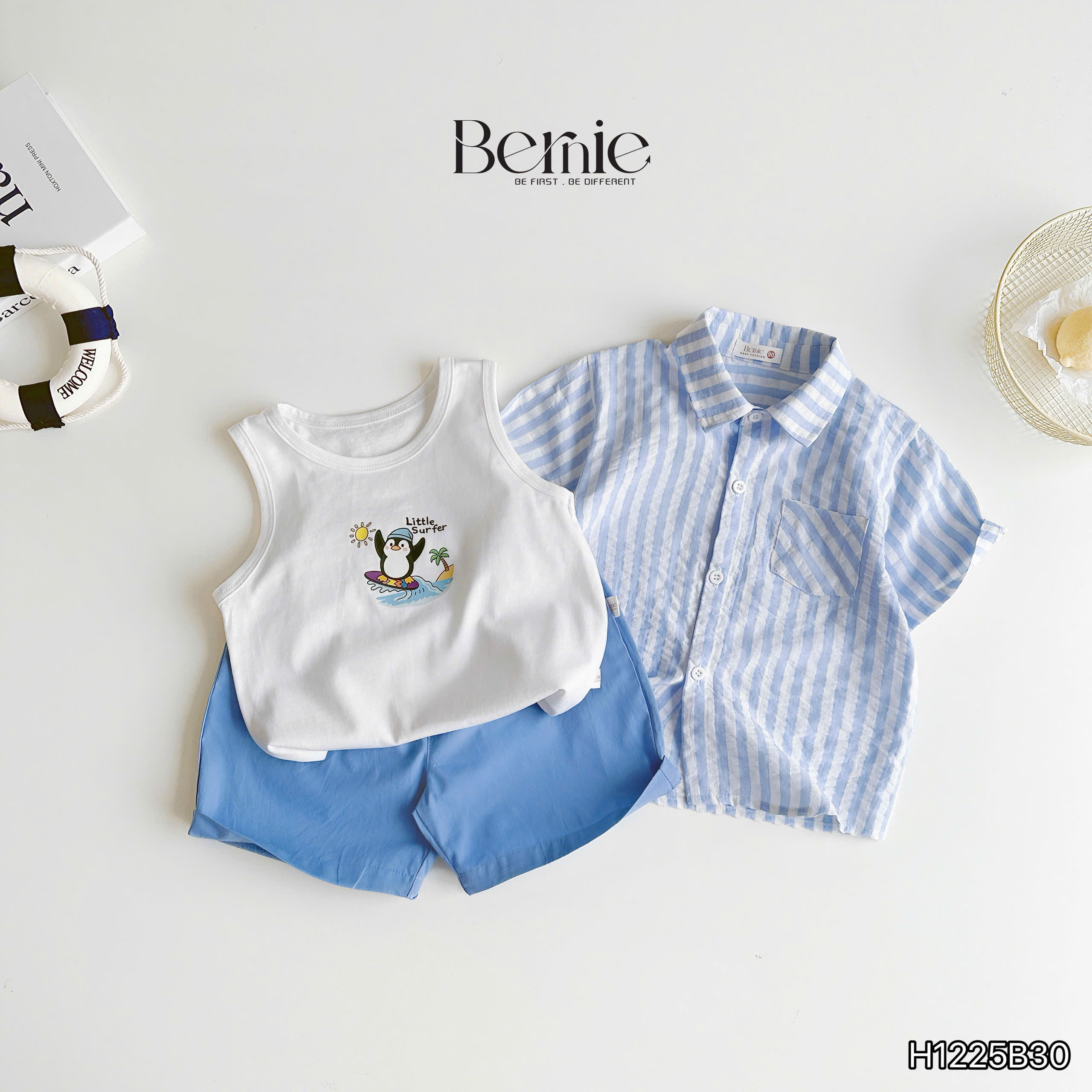 Set sơ mi kẻ 3 chi tiết little surfer Bernie