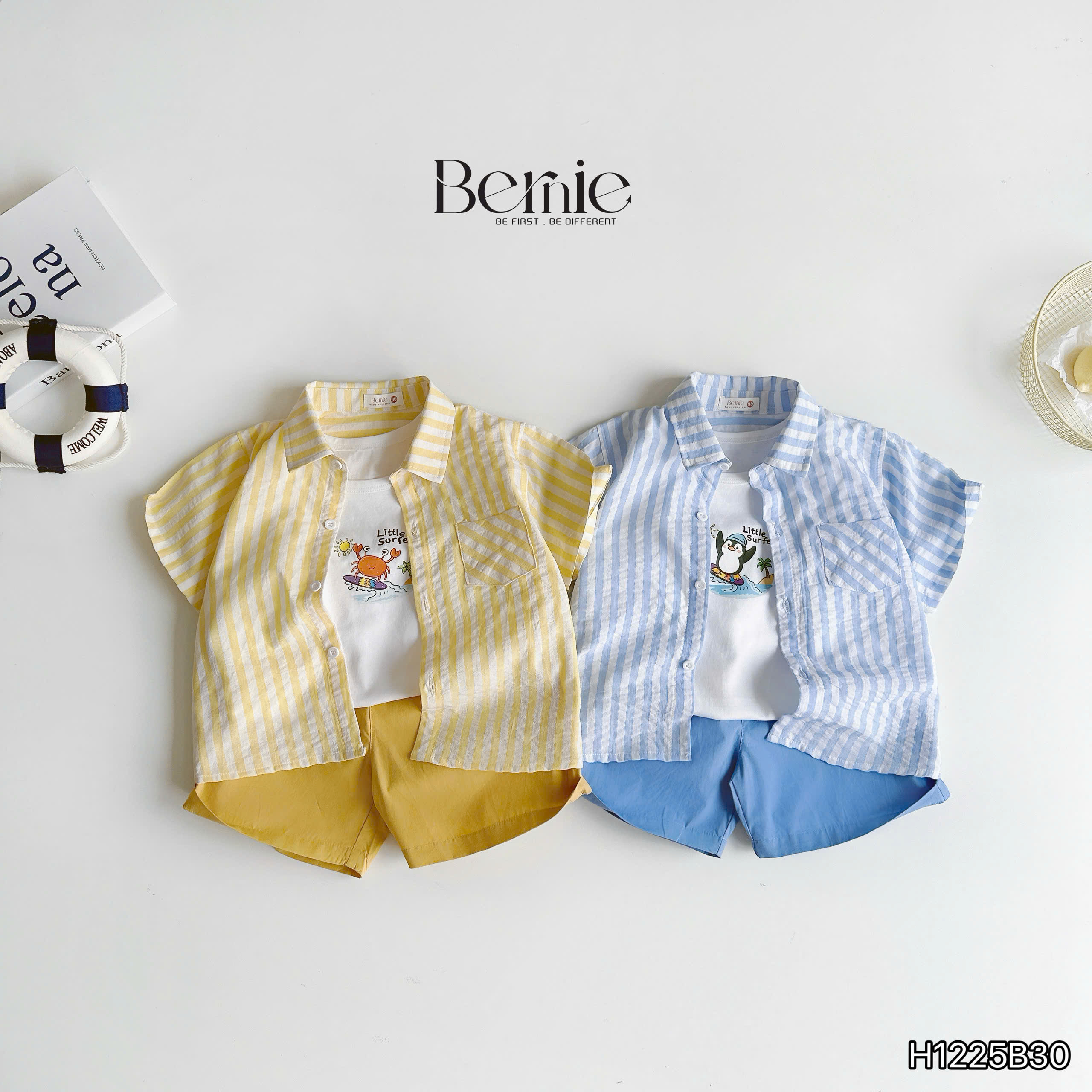 Set sơ mi kẻ 3 chi tiết little surfer Bernie