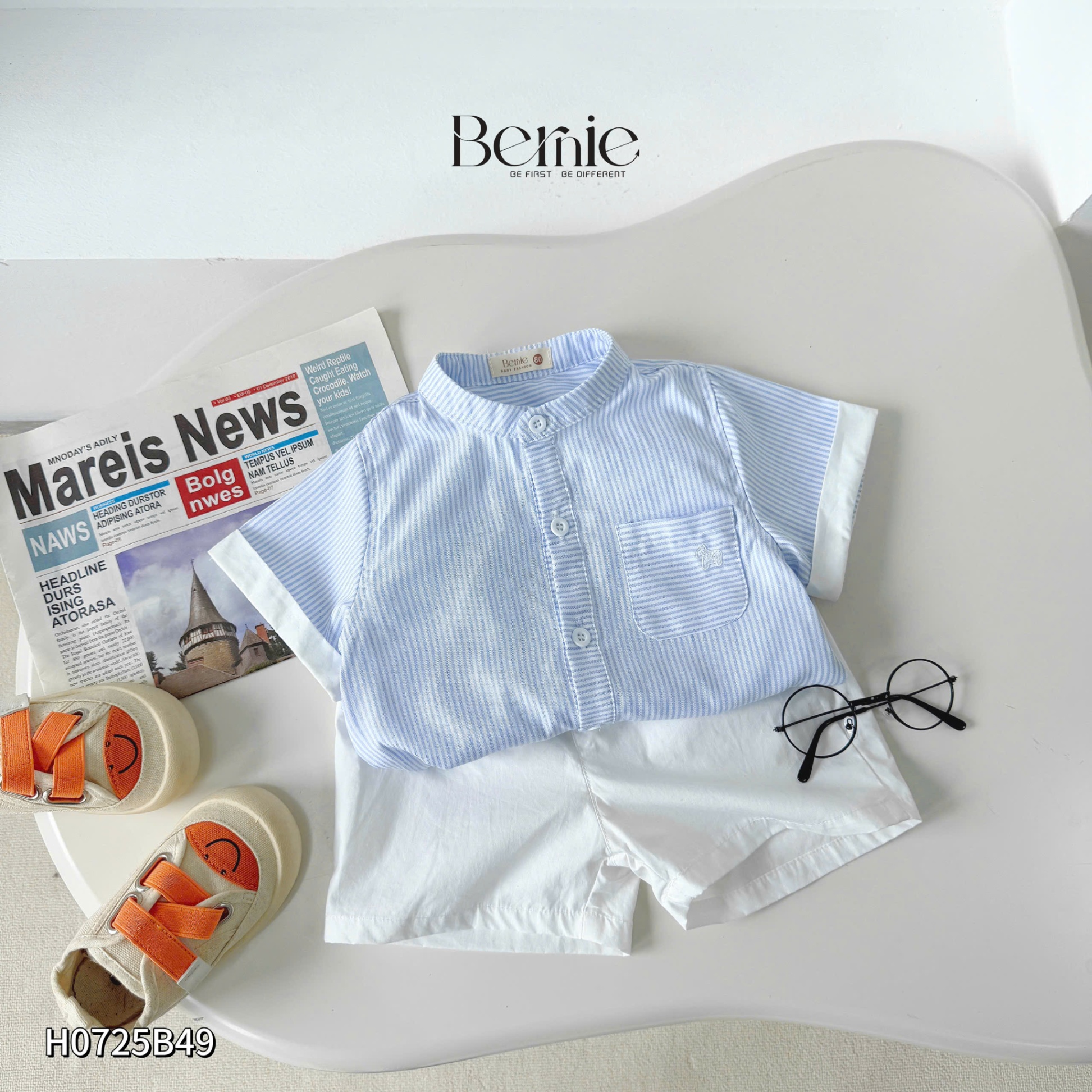 Set sơ mi kẻ cổ tàu thêu túi Bernie