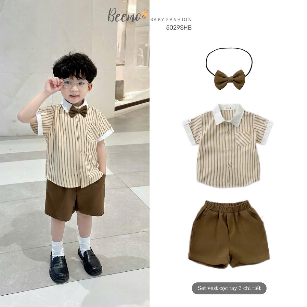 Set sơ mi kẻ công tử kèm nơ Beemo