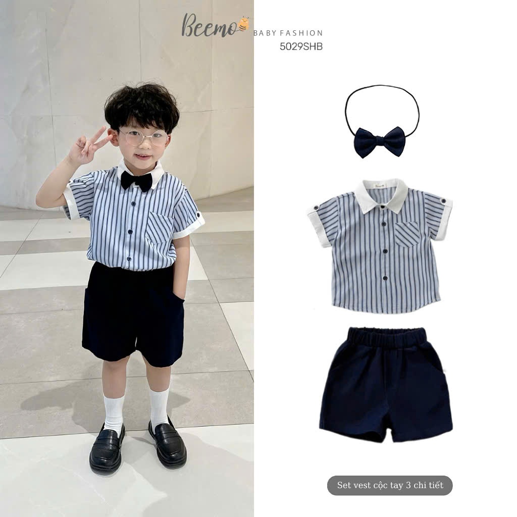 Set sơ mi kẻ công tử kèm nơ Beemo