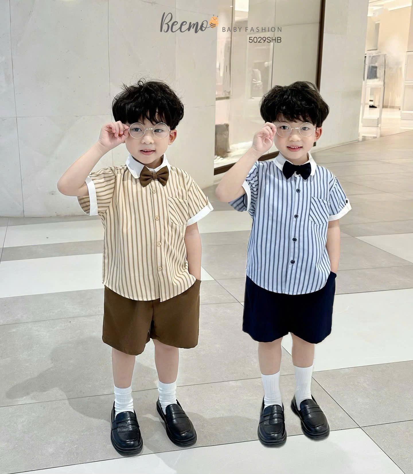 Set sơ mi kẻ công tử kèm nơ Beemo