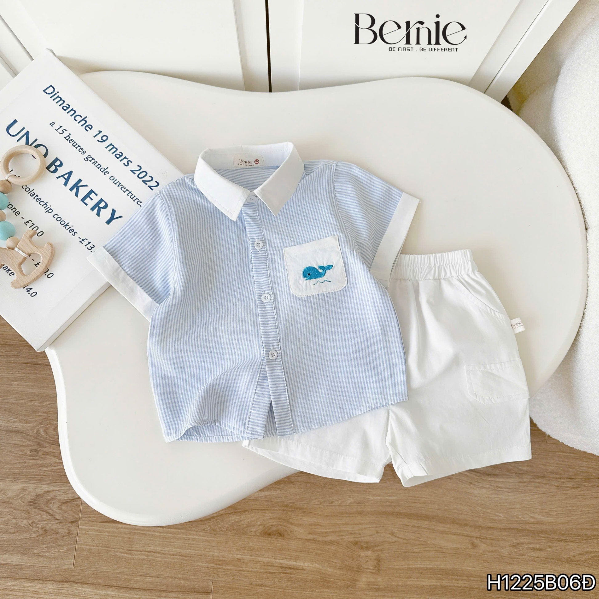 Set sơ mi kẻ phối cổ thêu cá heo Bernie