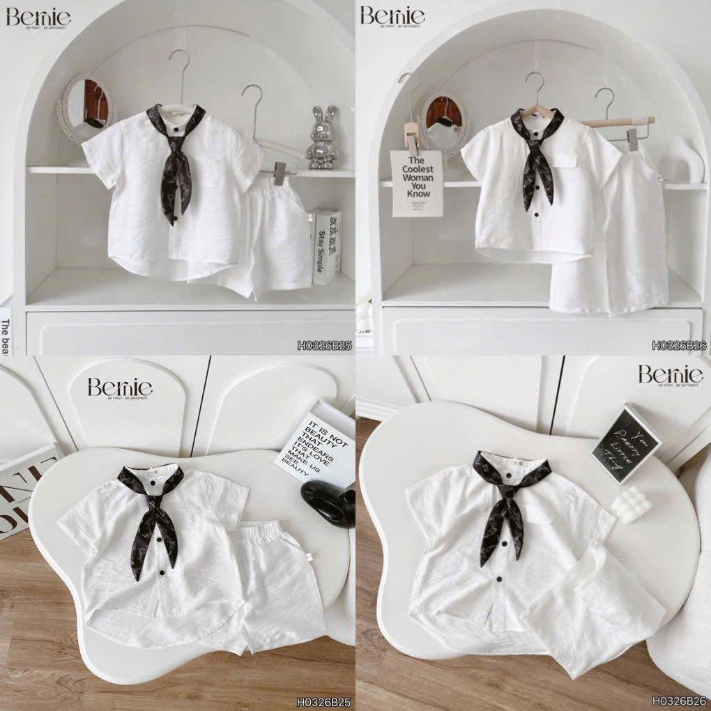 Set sơ mi trắng cổ tàu phối khăn Bernie