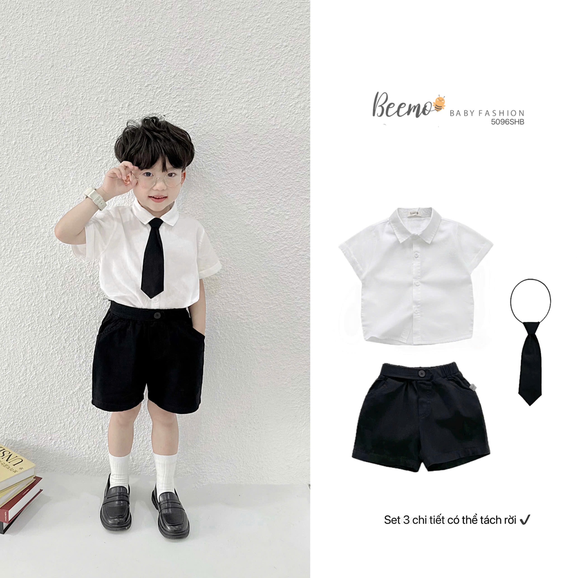 Set sơ mi trắng cộc tay kèm cà vạt Beemo