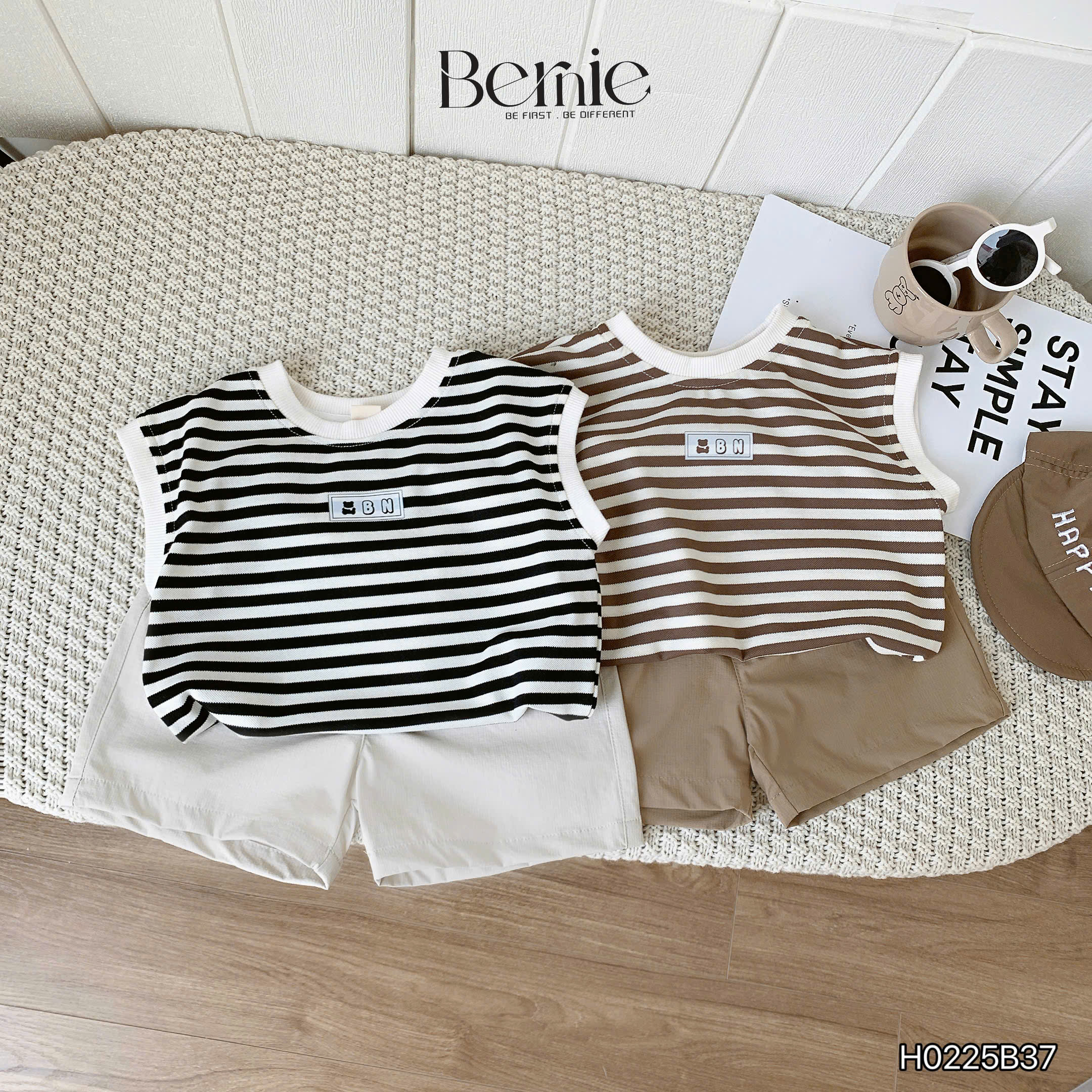 Set tanktop kẻ ngang in hình gấu BN Bernie