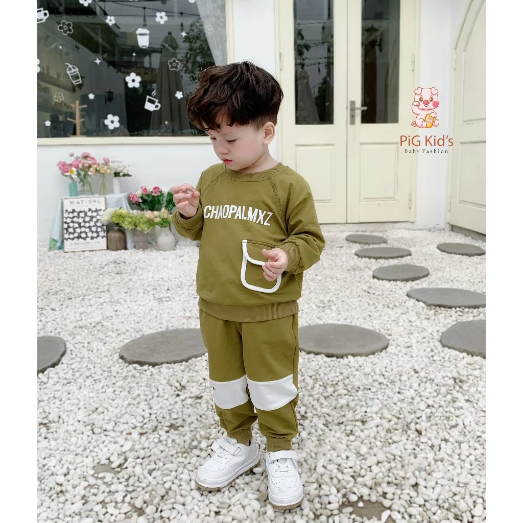 Set thu đông da cá phối túi viền Pig Kid cho bé trai