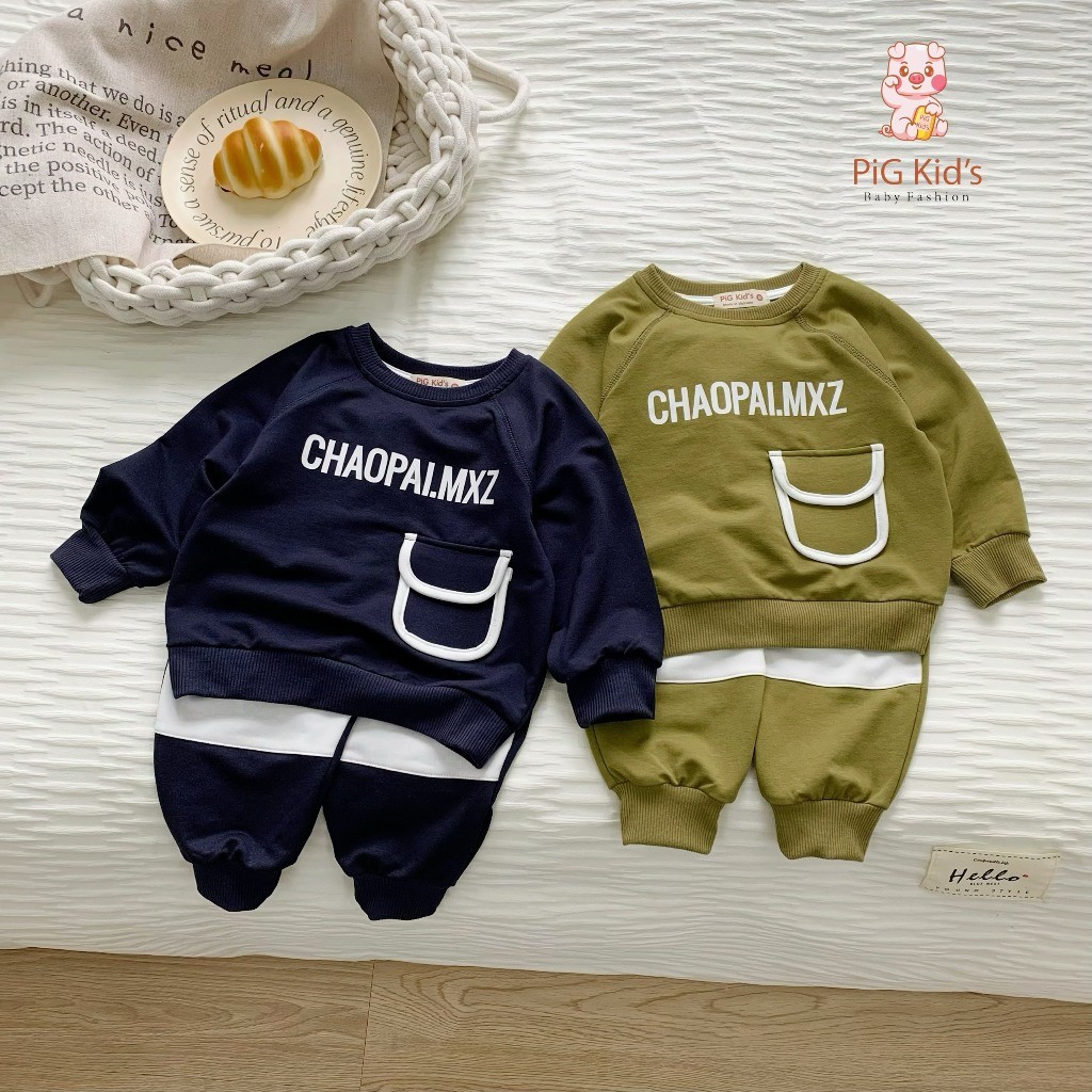 Set thu đông da cá phối túi viền Pig Kid cho bé trai