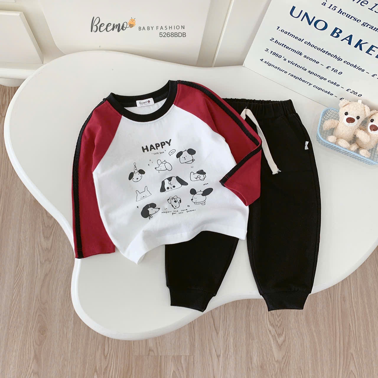 Set thun dài tay raglan in hình chú chó Beemo