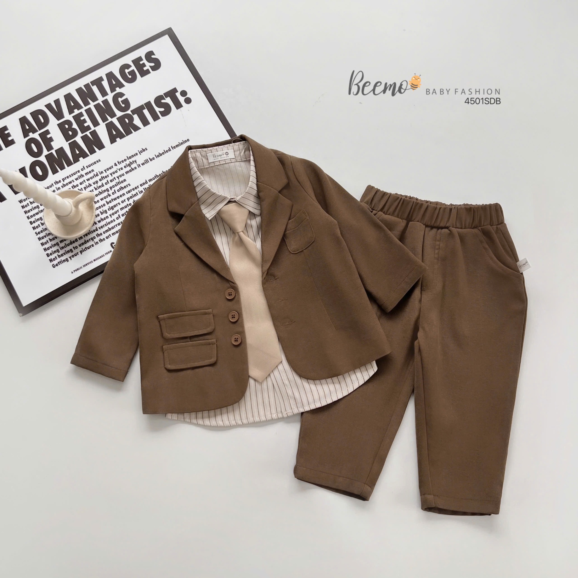 Set vest công tử 4 chi tiết kèm áo sơ mi kẻ Beemo