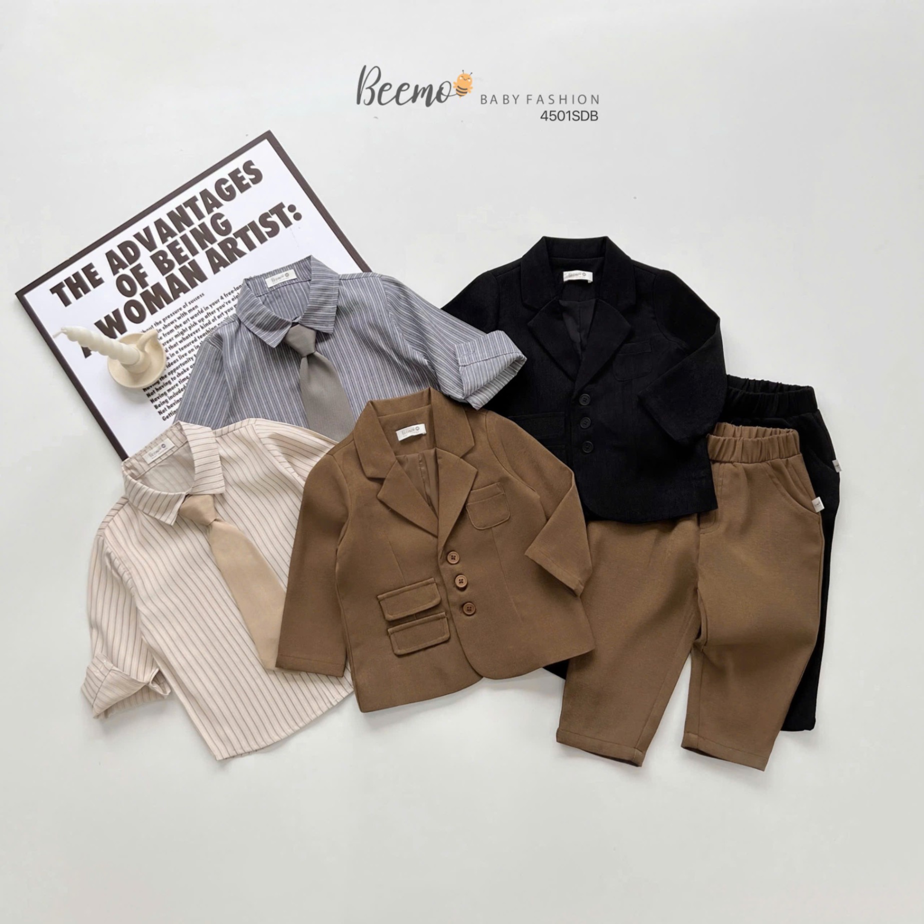 Set vest công tử 4 chi tiết kèm áo sơ mi kẻ Beemo