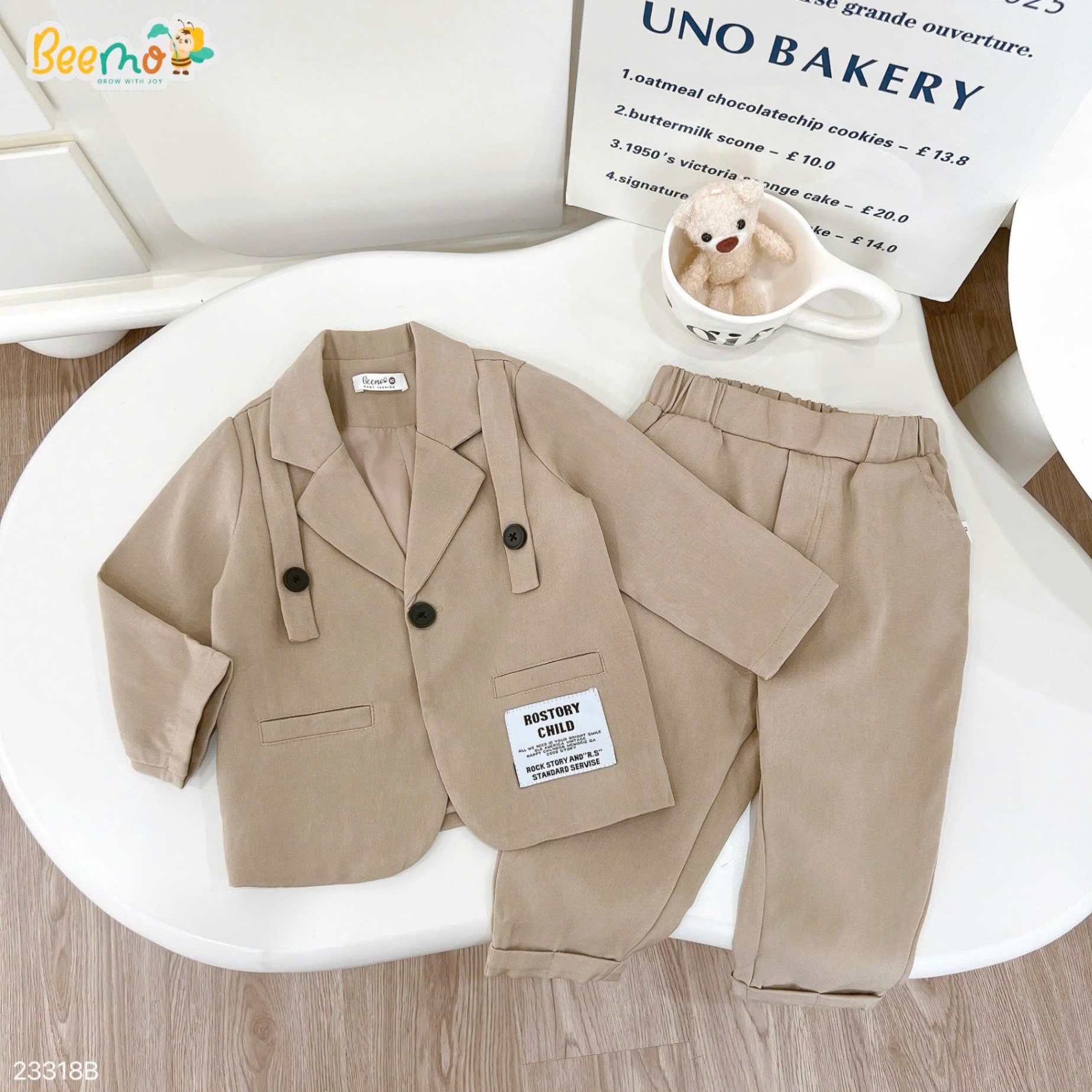 Set vest công tử một khuy phối tag Beemo cho bé