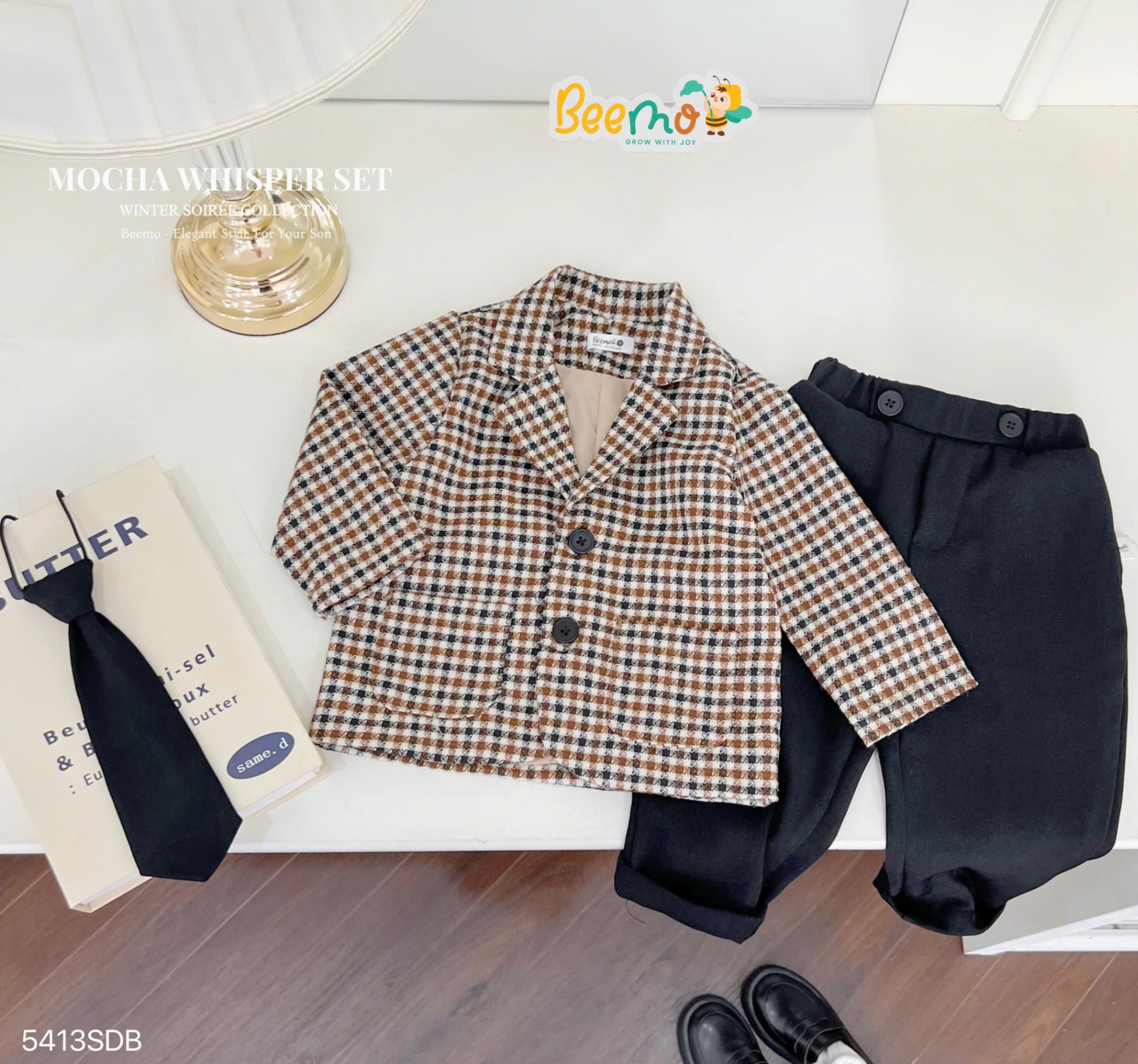 Set vest dạ tweed dệt caro kèm cà vạt Beemo