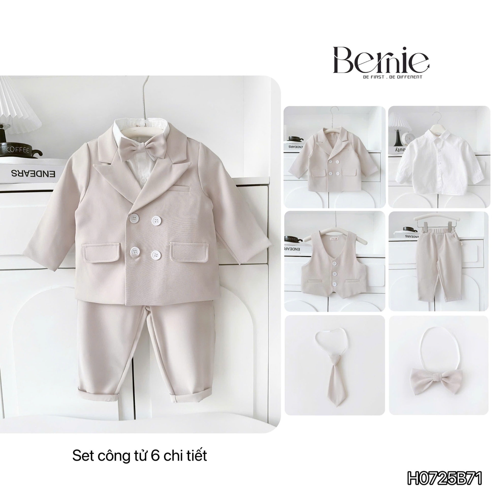 Set vest dài tay hoàng gia 6 chi tiết MÀU BE Bernie