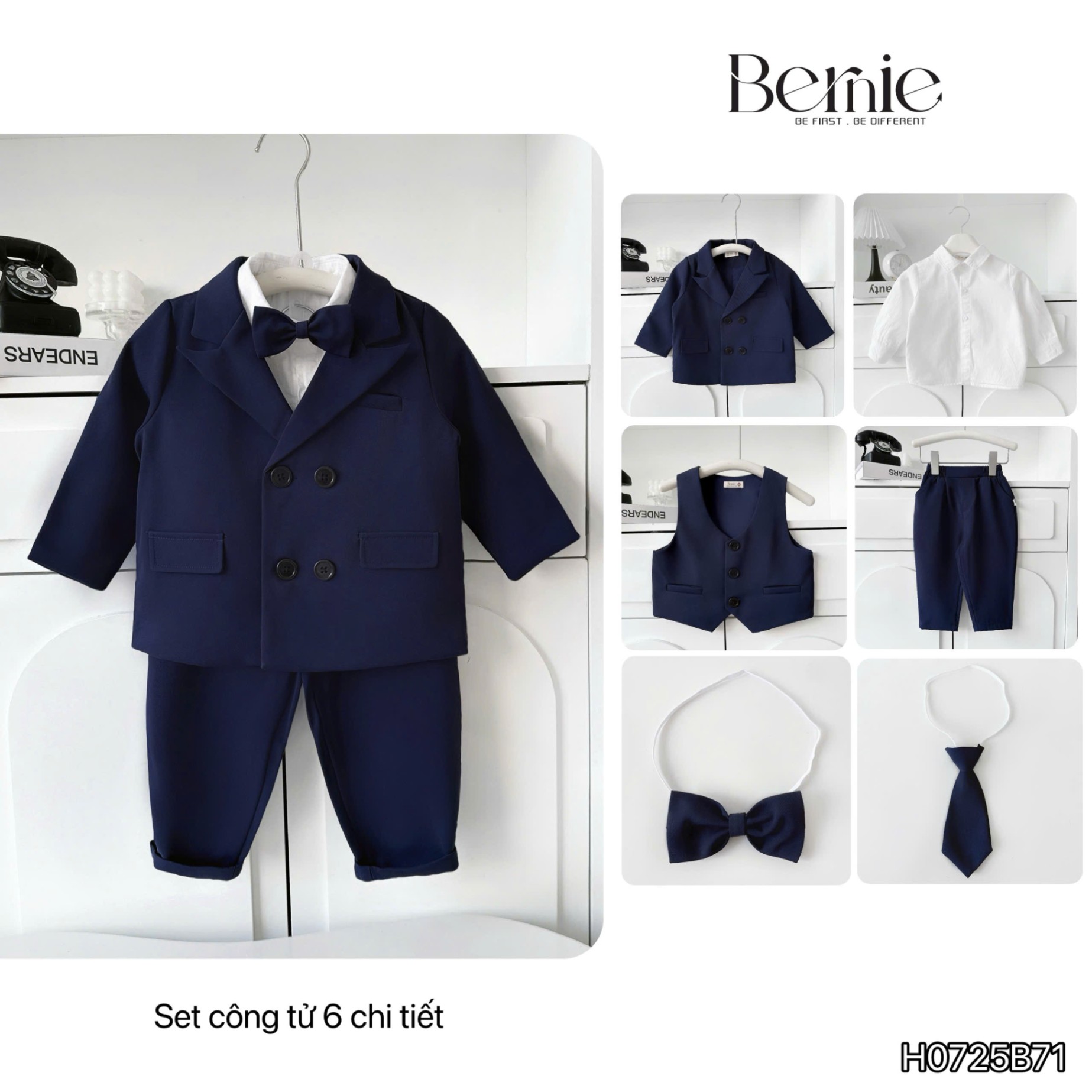 Set vest dài tay hoàng gia 6 chi tiết MÀU XANH THAN Bernie