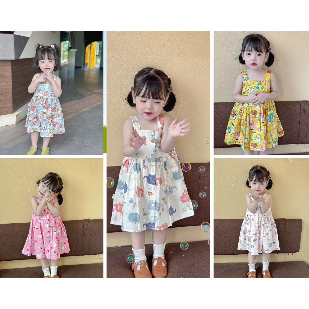 Váy 2 dây Mozi thô mềm hoạ tiết hoạt hình cho bé gái