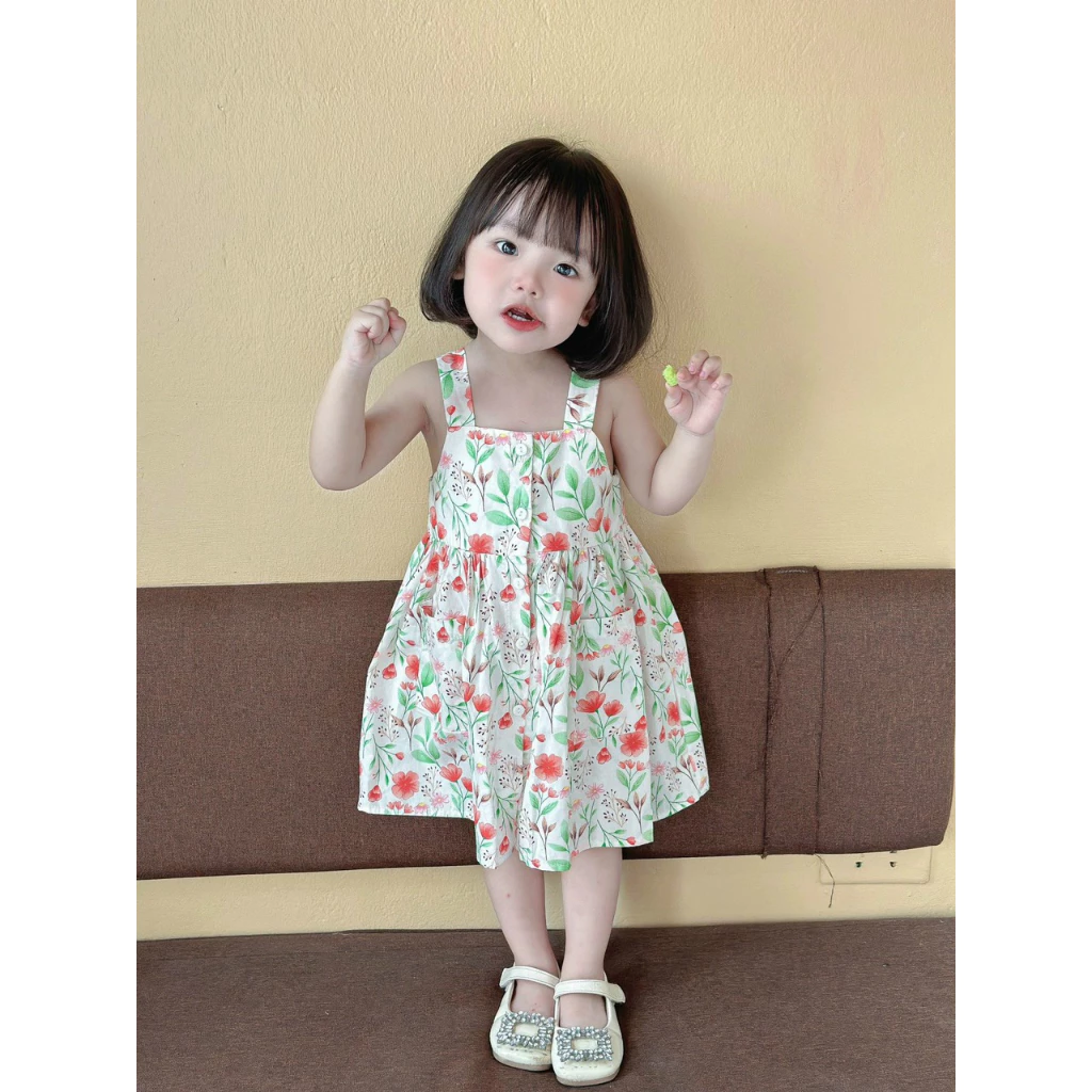 Váy 2 dây bản to - váy sát nách cổ vuông Mozi chất thô mềm cho bé- váy cúc trước