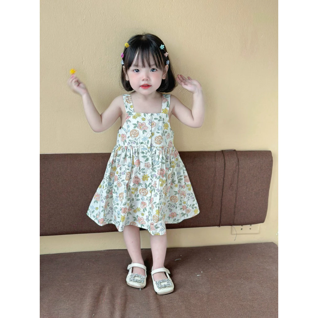 Váy 2 dây bản to - váy sát nách cổ vuông Mozi chất thô mềm cho bé- váy cúc trước