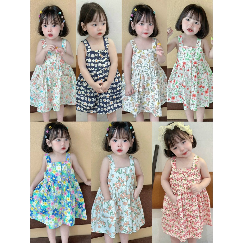 Váy 2 dây bản to - váy sát nách cổ vuông Mozi chất thô mềm cho bé- váy cúc trước