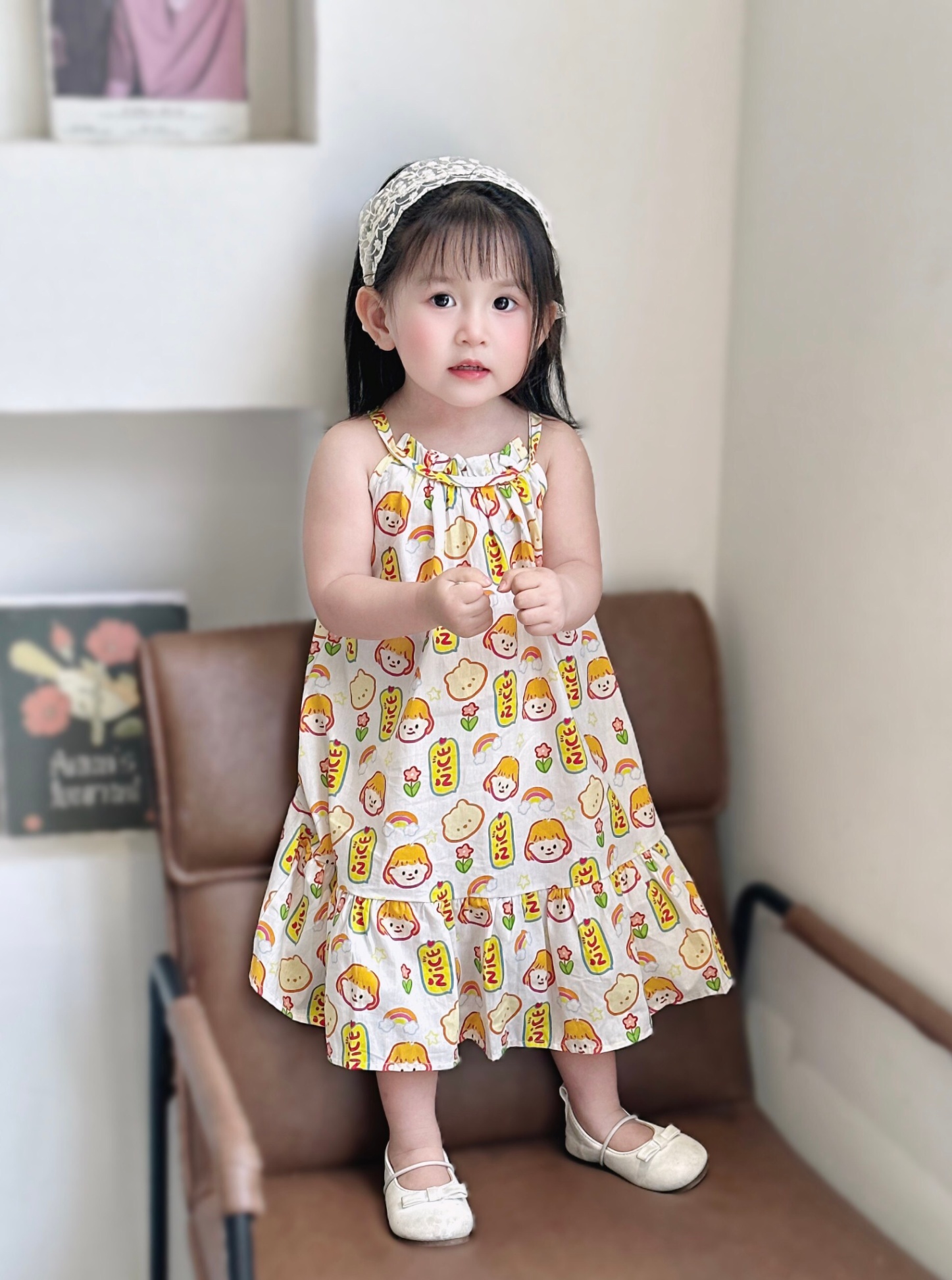 Váy 2 dây cổ yếm nhún bèo Mozi cho bé