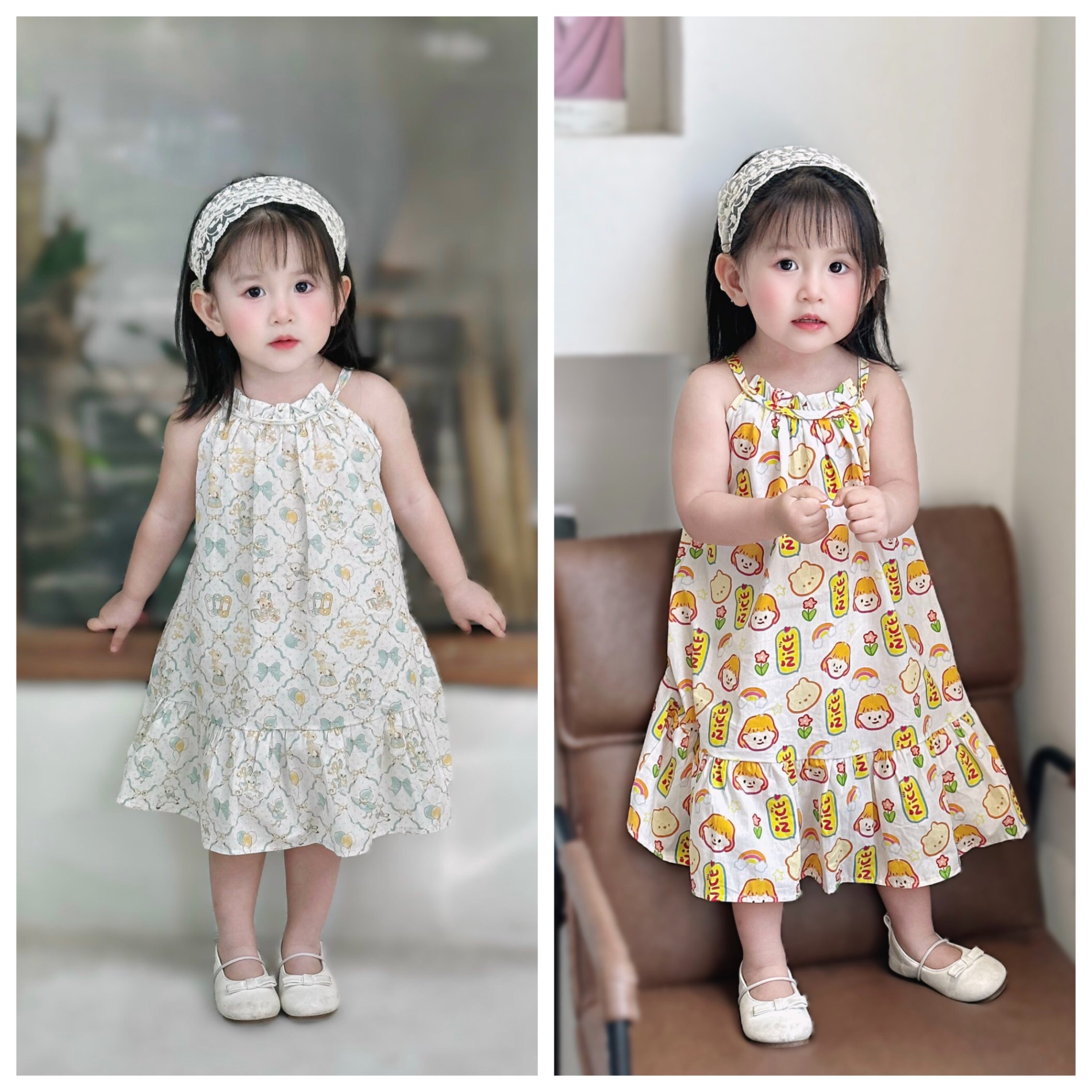 Váy 2 dây cổ yếm nhún bèo Mozi cho bé