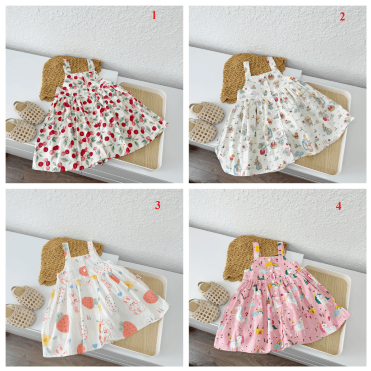 Váy 2 dây dáng xòe cúc khuy Mozi cho bé gái