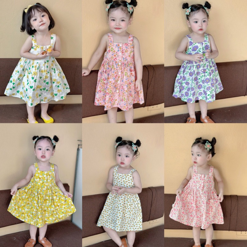 Váy 2 dây hoa thô mềm cổ vuông Mozi cho bé (bảng màu mới)