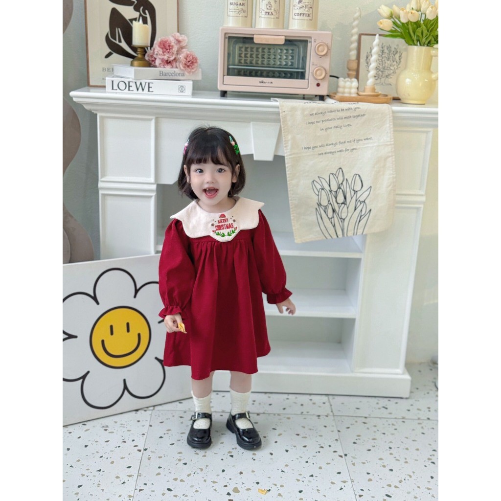 Váy nhung giáng sinh noel tay bo chun, tùng xòe rộng Mozi cho bé