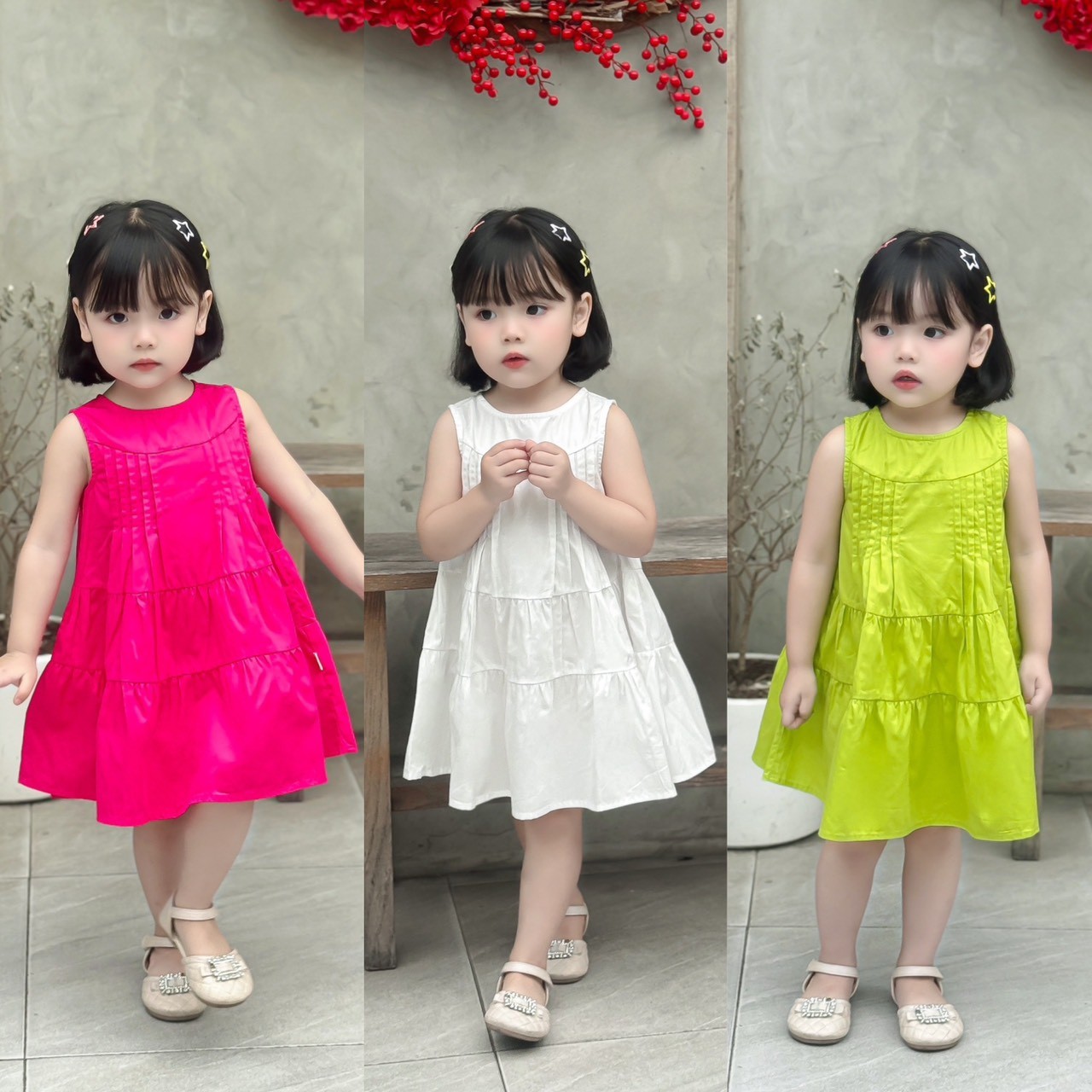 Váy thô lụa sát nách xếp li phom nhỡ Mozi cho bé gái