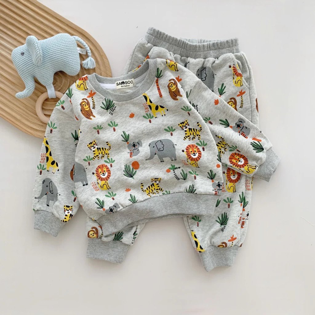 fom bé- bộ nỉ da cá dài tay dày dặn in hình động vật Samsoo Kid cho bé