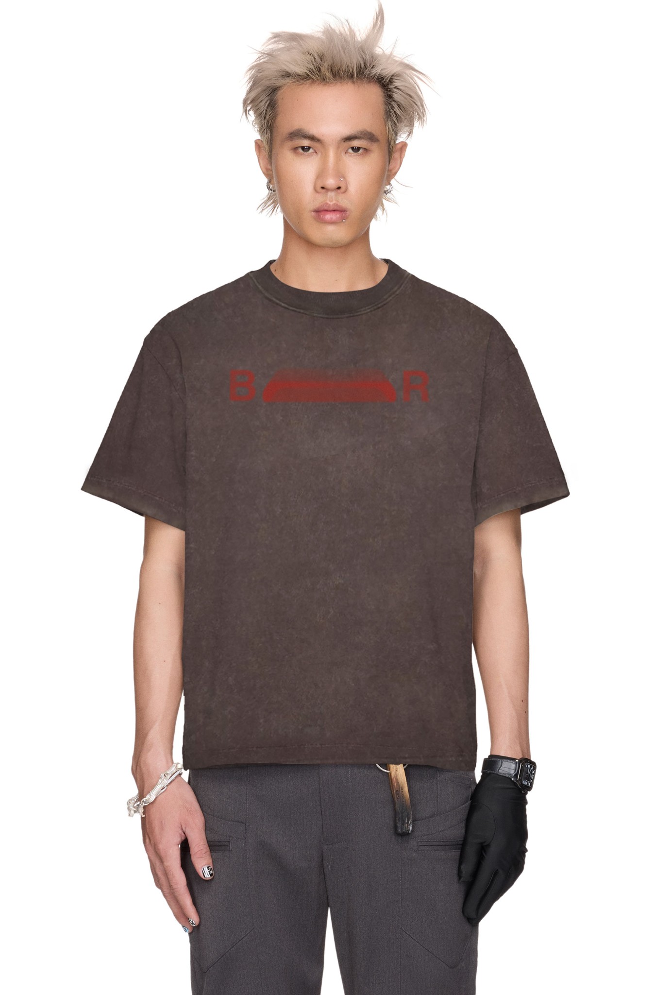 BEUTER® RED MUTED LOGO MOCHA WASHED BOXY T-SHIRT