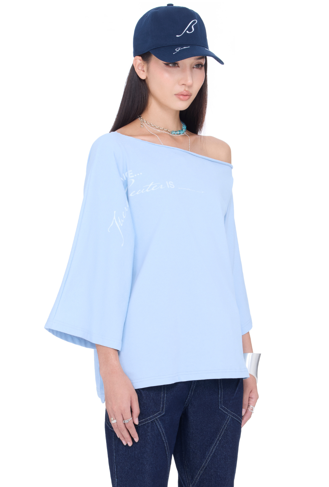 BEUTER® SPIRITUAL ADVISOR BLUE OFF SHOULDER T-SHIRT