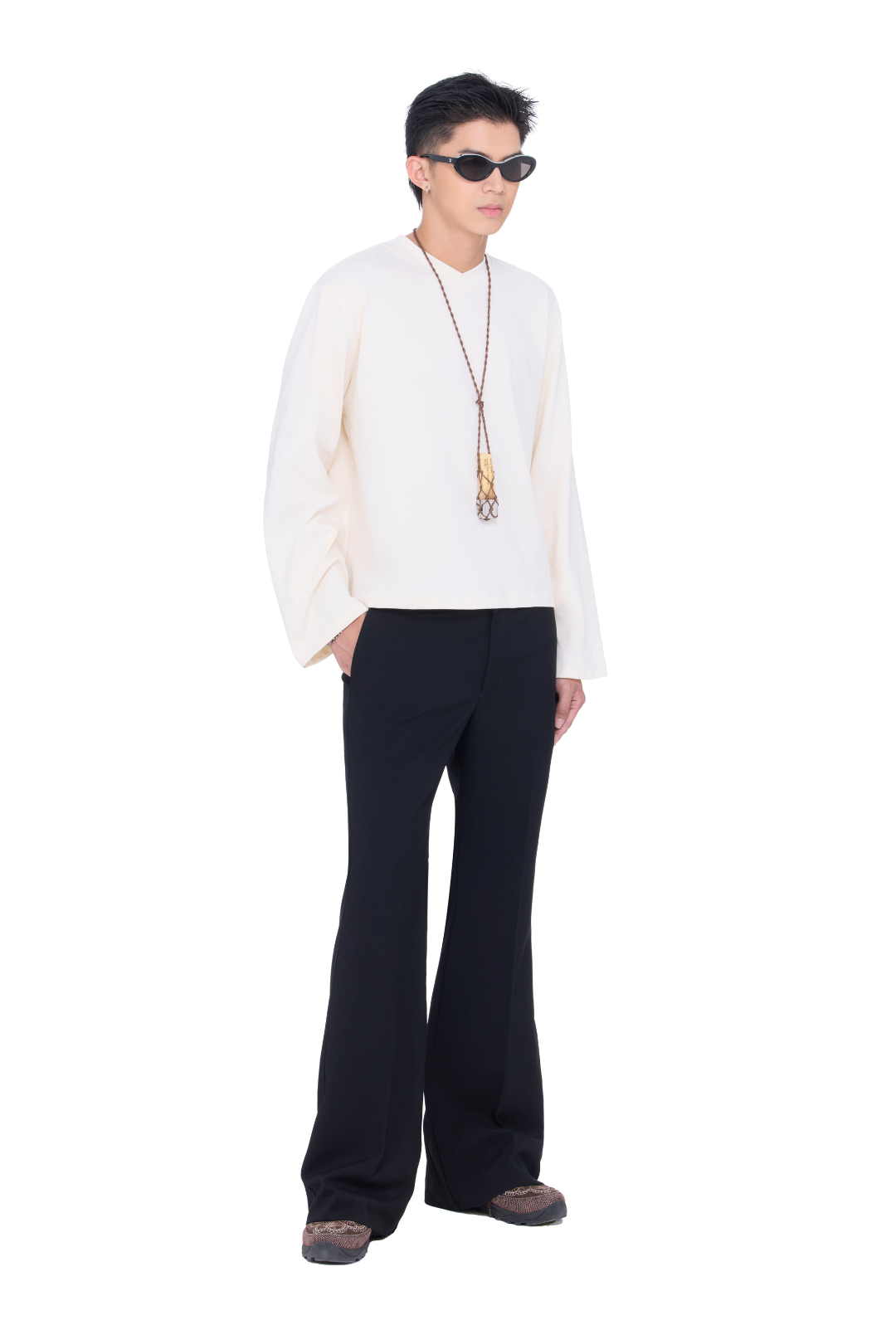 BEUTER® BLANK CREAM BOXY V-NECK LONG SLEEVE T-SHIRT