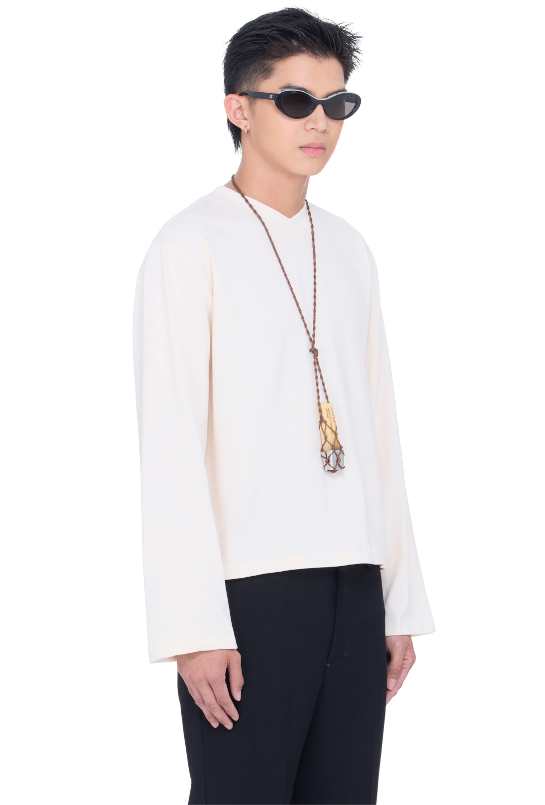 BEUTER® BLANK CREAM BOXY V-NECK LONG SLEEVE T-SHIRT