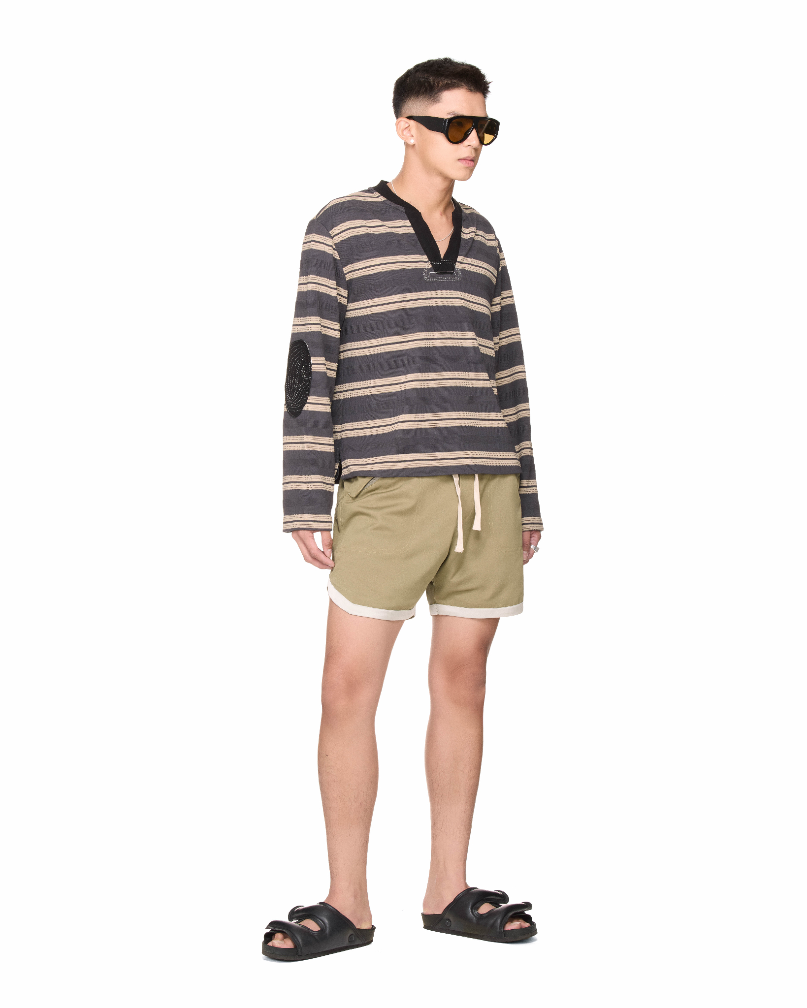 BEUTER® STRIPED ELBOW PATCH SWEATER - DARK GREY