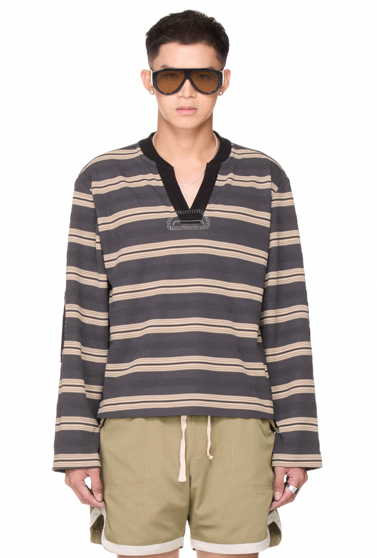 BEUTER® STRIPED ELBOW PATCH SWEATER - DARK GREY