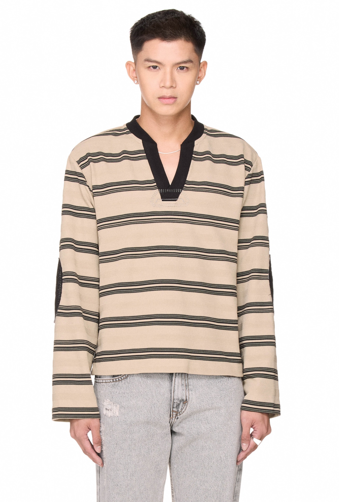 BEUTER® STRIPED ELBOW PATCH SWEATER - GRULLO